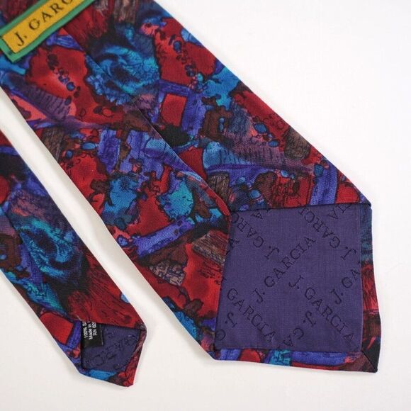 J. Garcia Red Teal Brown Astract Print Short Wide Silk Tie‎ - Picture 5 of 6